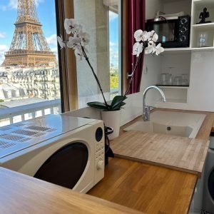 Vista fantástica da Torre Eiffel estúdio e varanda privada