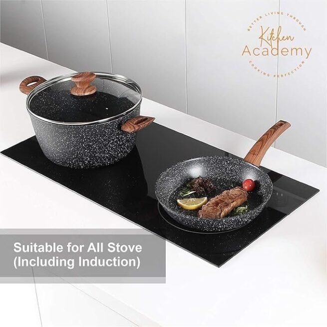 Conjunto de panelas e assadeiras de indução de cozinha com 30 peças de panelas e frigideiras antiaderentes de granito preto