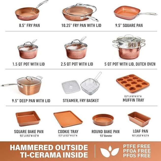 Gotham Steel Coleção Hammered Copper – Conjunto de panelas e frigideiras premium de 20 peças de cerâmica antiaderente